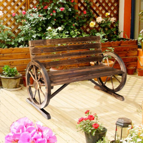Outsunny 2 Seater Garden Bench w/ Wooden Cart Wagon Wheel Rustic High Back Brown