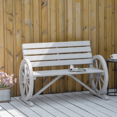 Outsunny 2 Seater Garden Bench w/ Wooden Cart Wagon Wheel Rustic High Back Grey