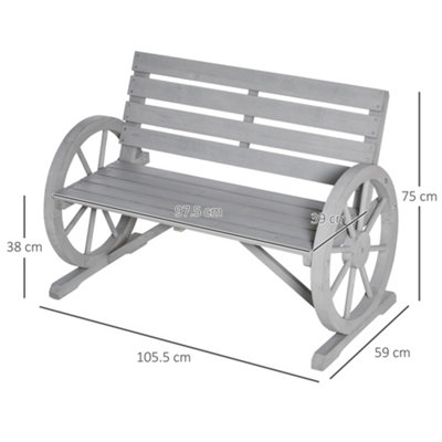 Outsunny 2 Seater Garden Bench w/ Wooden Cart Wagon Wheel Rustic High Back Grey - 3