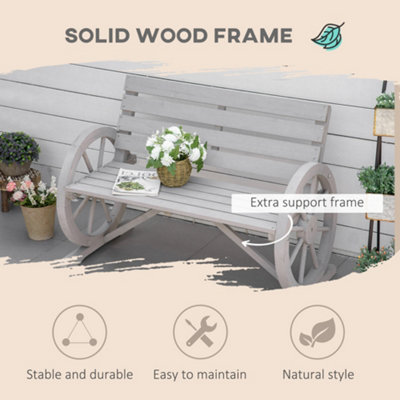 Outsunny 2 Seater Garden Bench w/ Wooden Cart Wagon Wheel Rustic High Back Grey - 4
