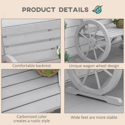 Outsunny 2 Seater Garden Bench w/ Wooden Cart Wagon Wheel Rustic High Back Grey - 5