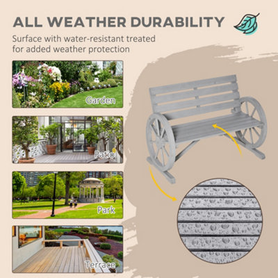Outsunny 2 Seater Garden Bench w/ Wooden Cart Wagon Wheel Rustic High Back Grey - 6