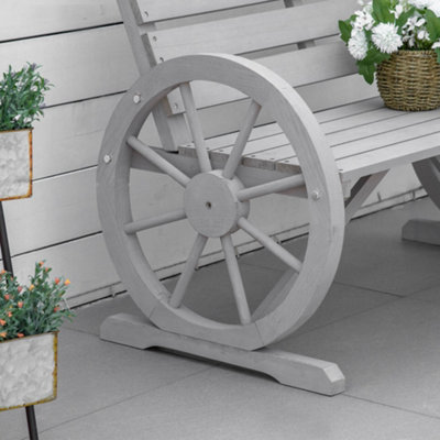 Outsunny 2 Seater Garden Bench w/ Wooden Cart Wagon Wheel Rustic High Back Grey - 9