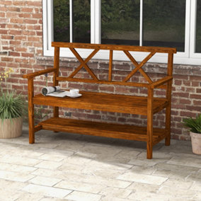 Outsunny 2-Seater Garden Bench Wooden Outdoor Bench w/ Storage Shelf Carbonized