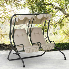 Outsunny 2 Seater Garden Metal Swing Seat Patio Swinging Chair Hammock Canopy Beige