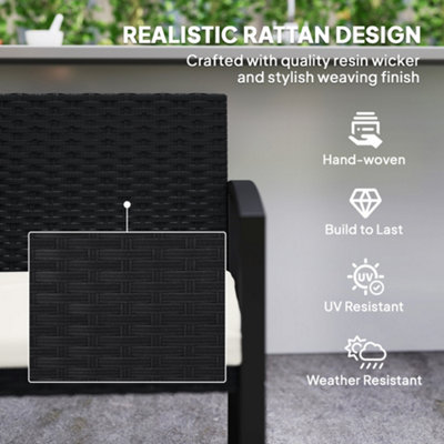 Outsunny 2 Seater Rattan Garden Bench with Cushion, Steel Frame, Black
