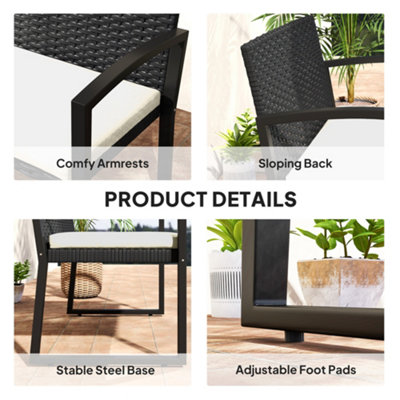Outsunny 2 Seater Rattan Garden Bench with Cushion, Steel Frame, Black