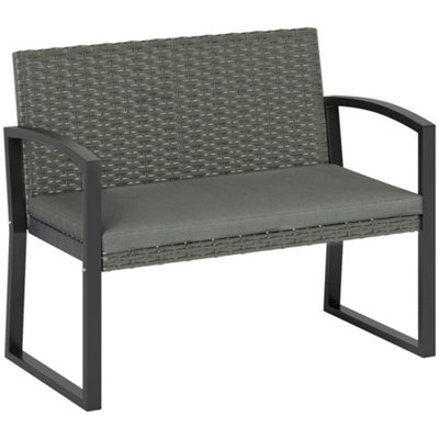 Outsunny 2 Seater Rattan Garden Bench with Cushion, Steel Frame, Dark Grey