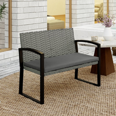 Outsunny 2 Seater Rattan Garden Bench with Cushion, Steel Frame, Dark Grey