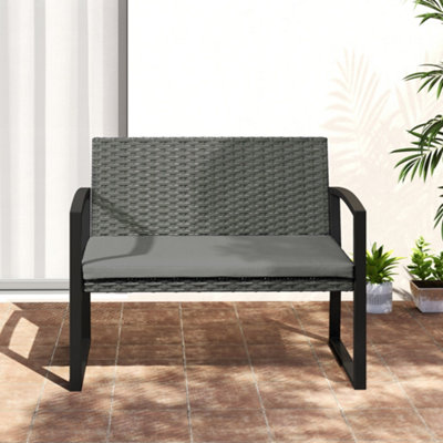 Outsunny 2 Seater Rattan Garden Bench with Cushion, Steel Frame, Dark Grey