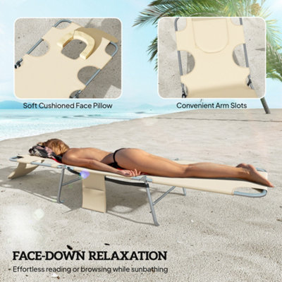 Outsunny 2 Sun Loungers with Reading Hole, Folding Garden Lounger, Beige