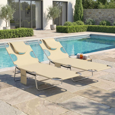 Outsunny 2 Sun Loungers with Reading Hole, Folding Garden Lounger, Beige