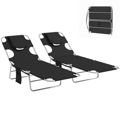 Outsunny 2 Sun Loungers with Reading Hole, Folding Garden Lounger, Black