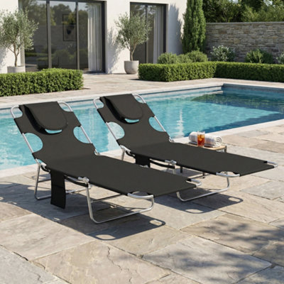 Outsunny 2 Sun Loungers with Reading Hole, Folding Garden Lounger, Black