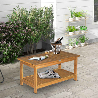 Outsunny 2-Tier Acacia Wood Outdoor Coffee Table, Slat Design, 90 x 45cm, Teak