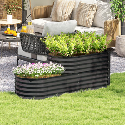 Outsunny 2-Tier Galvanised Raised Garden Bed with Safety Edging, Dark Grey
