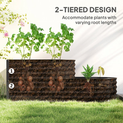 Outsunny 2-Tier Galvanised Raised Garden Bed with Safety Edging, Dark Grey
