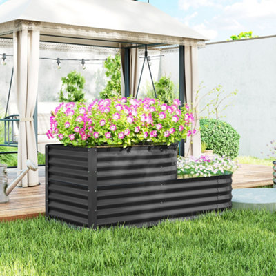Outsunny 2-Tier Galvanised Raised Garden Bed with Safety Edging, Dark Grey