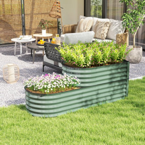 Outsunny 2-Tier Galvanised Raised Garden Bed with Safety Edging Light Green