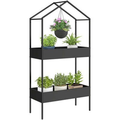 Outsunny 2 Tier Plant Stand, Outdoor Indoor Metal Plant Stand with
