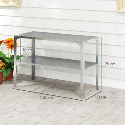 Outsunny 2 Tier Potting Bench Table, Galvanised Work Bench, Silver Tone