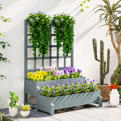 Outsunny 2-Tier Wooden Raised Bed with Trellis and Drainage Holes, Grey