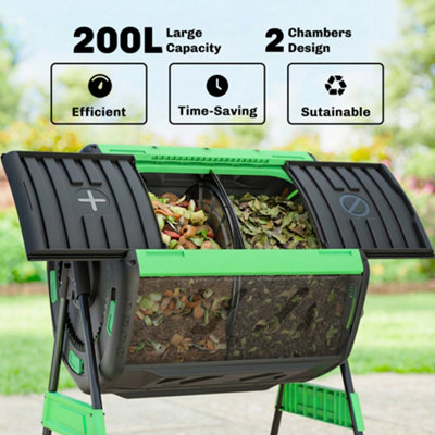 Outsunny 200L Compost Bin, Dual Chamber Rotating Tumbling Composter