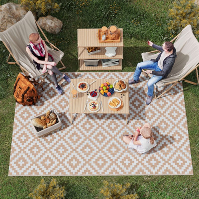 Outsunny 274 x 182 cm Reversible Outdoor RV Rug Floor Mat, Coffee and White