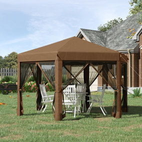 Outsunny 3.2m Pop Up Gazebo Hexagonal Canopy Tent Outdoor w/ Bag Brown