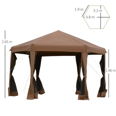 Outsunny 3.2m Pop Up Gazebo Hexagonal Canopy Tent Outdoor w/ Bag Brown