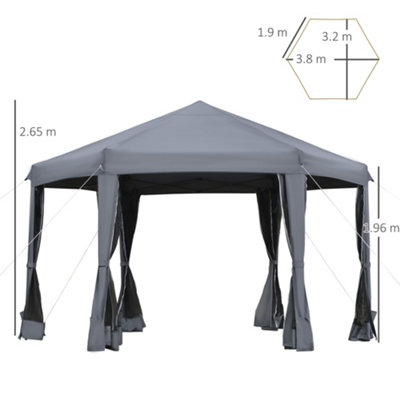 Outsunny 3.2m Pop Up Gazebo Hexagonal Canopy Tent Outdoor w/ Bag Grey - 3