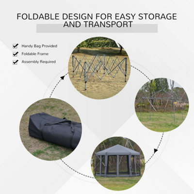 Outsunny 3.2m Pop Up Gazebo Hexagonal Canopy Tent Outdoor w/ Bag Grey - 6