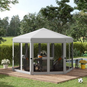 Outsunny 3.2m Pop Up Gazebo Hexagonal Canopy Tent Outdoor w/Sidewalls Light Grey