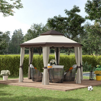 Outsunny 3.4m Steel Gazebo Pavillion for Outdoor w/ Curtains and 2 Tier Roof