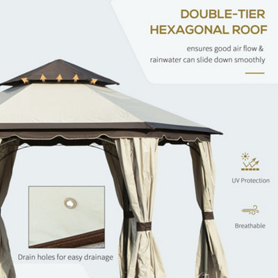 Outsunny 3.4m Steel Gazebo Pavillion for Outdoor w/ Curtains and 2 Tier Roof