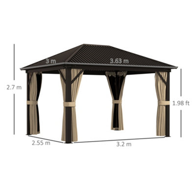Outsunny 3.6 x 3(m) Metal Backyard Hardtop Gazebo with Screened Curtain Brown - 3