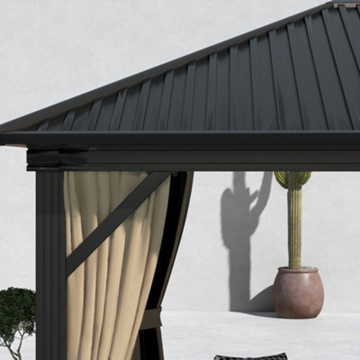 Outsunny 3.6 x 3(m) Metal Backyard Hardtop Gazebo with Screened Curtain Brown - 9