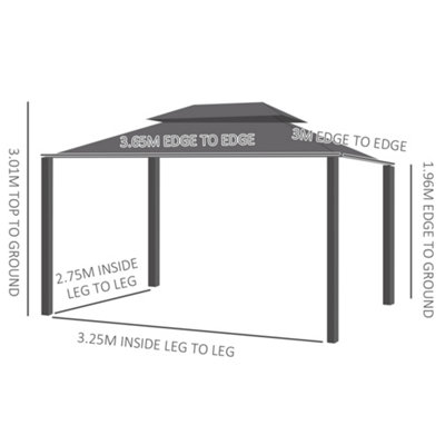 Outsunny 3.65 x 3(m) Aluminum Outdoor Gazebo w/ Hardtop Double Roof Sidewalls - 3