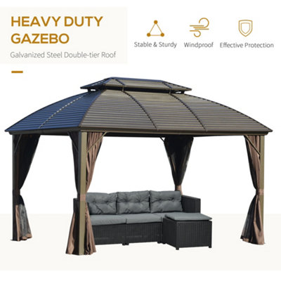 Outsunny 3.65 x 3(m) Aluminum Outdoor Gazebo w/ Hardtop Double Roof Sidewalls