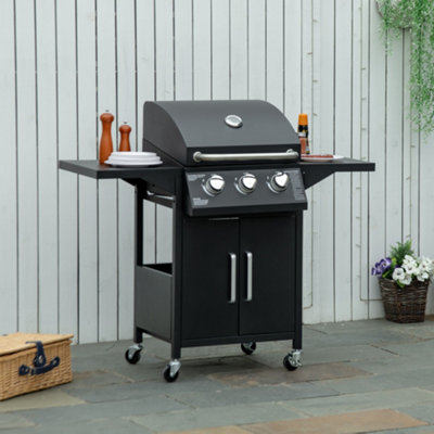 Outsunny 3 Burner Gas Grill Portable BBQ Trolley w 4 Wheels and Side Shelves