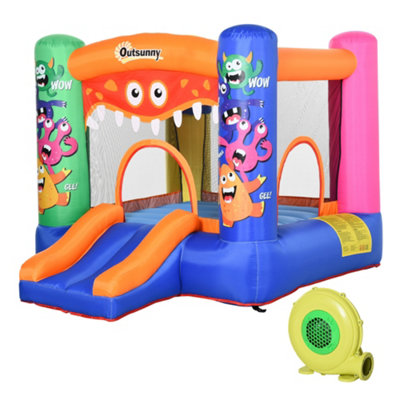 Outsunny 3-in-1 Kids Bouncy Castle with Slide Trampoline Basket, Inflatable Bounce House with Blower for Kids 3-8 Monster Design