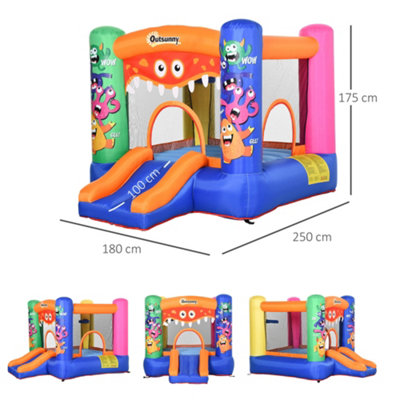 Outsunny 3-in-1 Kids Bouncy Castle with Slide Trampoline Basket, Inflatable Bounce House with Blower for Kids 3-8 Monster Design
