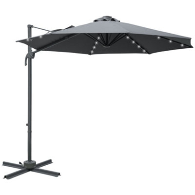 Outsunny 3(m) Cantilever Roma Parasol Patio Sun Umbrella with Crank & Tilt LED Solar Light Cross Base Outdoor, Dark Grey