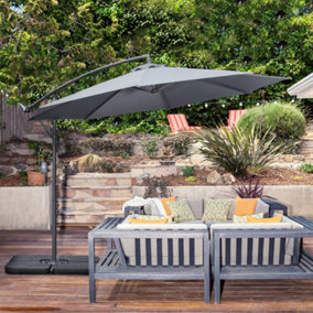 Outsunny 3(m) Garden Banana Parasol Cantilever Umbrella with Crank Handle, Cross Base, Weights and Cover, Hanging Sun Shade, Grey