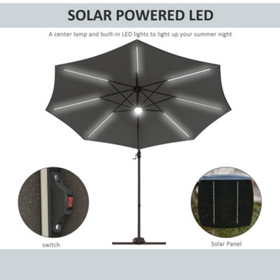 Outsunny 3(m) LED Cantilever Parasol Outdoor with Base Solar Lights Dark Grey