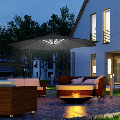 Outsunny 3(m) LED Patio Banana Umbrella Cantilever Parasol Crank, Black