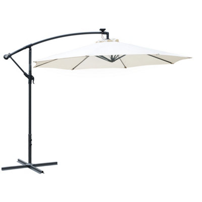 Outsunny 3(m) LED Patio Banana Umbrella Cantilever Parasol Crank, Off-White
