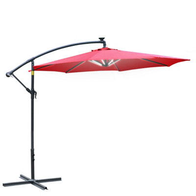 Outsunny 3(m) LED Patio Banana Umbrella Cantilever Parasol Crank, Red