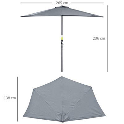 Outsunny 3 (m) Metal Frame Garden Furniture Parasol Half Round Umbrella Grey - 3