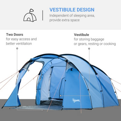 Outsunny 3 Man 2 Room Tent Camping Tent With Living Area Air Vents Blue